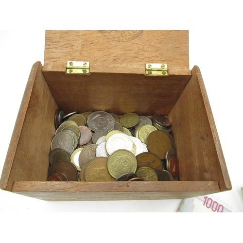 168 - Cigar box of coins, notes and a Chicago Milwaukee, St Paul and Pacific Railroad Company stock bond c... 