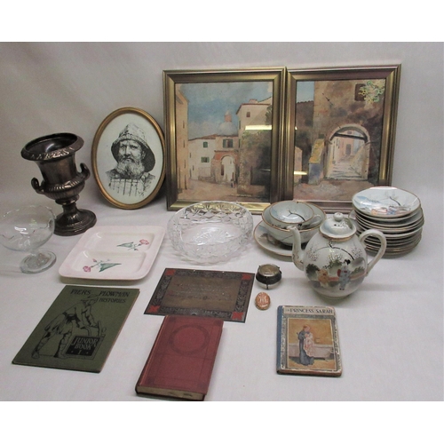 182 - Two water colour street scenes, Oriental part tea set, three books, glass bowl etc