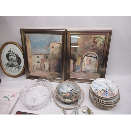 182 - Two water colour street scenes, Oriental part tea set, three books, glass bowl etc