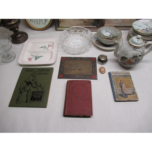 182 - Two water colour street scenes, Oriental part tea set, three books, glass bowl etc