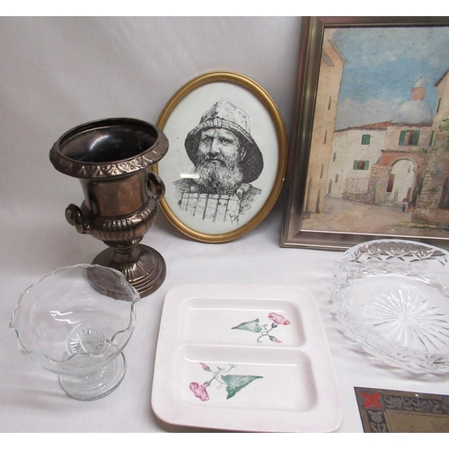 182 - Two water colour street scenes, Oriental part tea set, three books, glass bowl etc