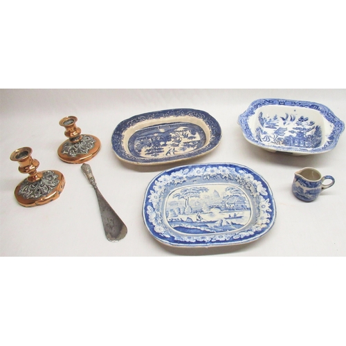 185 - Four pieces of blue and white, two copper candlesticks, shoe horn