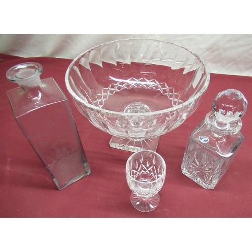 572 - Large glass pedestal fruit bowl, with facet and hobnail decoration on faceted column and star square... 