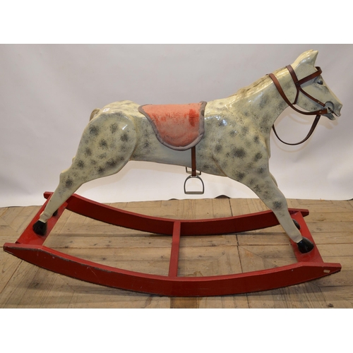 553 - Large dapple grey carved wood rocking horse with rocker mechanism H92cm