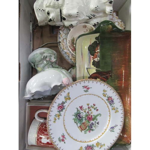 555 - Trio of Shelley plates with stand, Royal Doulton serving dish, jug in the form of a begging dog etc