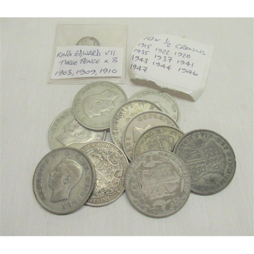 128 - Collection of ten Edw.VII  1/2 crowns 1915-1947 and three 3d, 4.7ozt