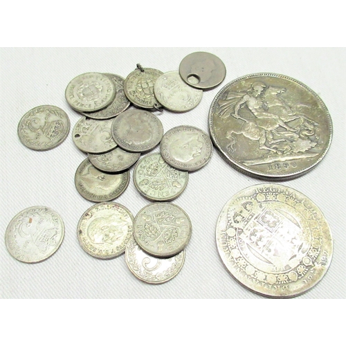 147 - Victorian Crown 1890, Victorian 1892 half- crown 1892 and a collection of 3d coins