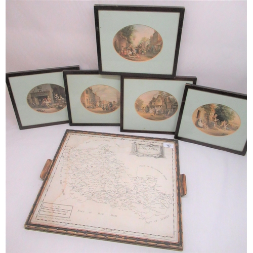 157 - Robert Morden map of Bark Shire, set into glass topped tray, selection of five Leblonde oval prints ... 