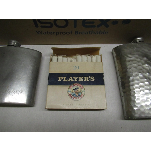 163 - Pack of Player's cigarettes, four hip flasks, two Beswick birds, metal trinket box etc