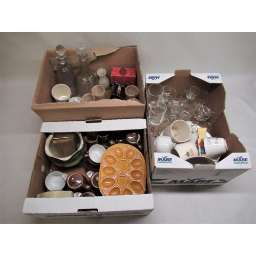 183 - Assorted glass and ceramics including decanters, plates, etc, (3 boxes)