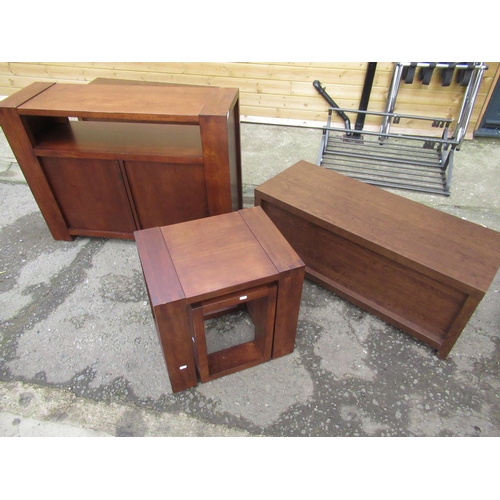 220 - Dark cherry effect two door side cabinet W108cm D35cm H79cm, similar nest of two tables W52cm D40cm ... 