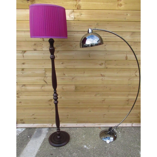 224 - Polished metal floor lamp, domed shade on curved supports and circular base H145cm, turned wooden st... 