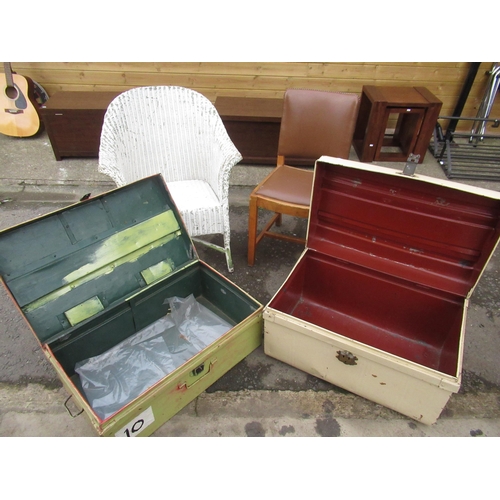 232 - Lloyd Loom type conservatory chair, with painted date Jan '34, two painted tin trunks and C20th dini... 