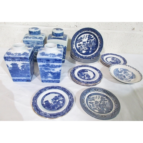 507 - Four Ringtons blue and white willow pattern lidded jars and a collection of Ringtons Willow pattern ... 