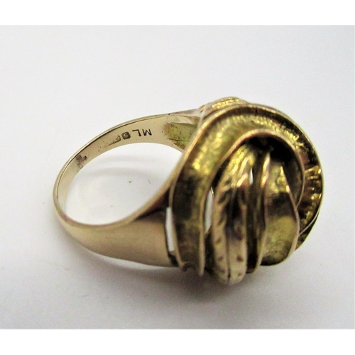 80 - Hallmarked 9ct yellow gold cocktail ring with scrolled centre stamped ML, 9.375, Size L, 7.3g