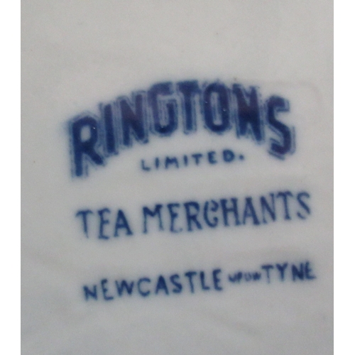 508 - Ringtons tea pot in blue and white willow pattern design, two lidded blue and white jars in cathedra... 