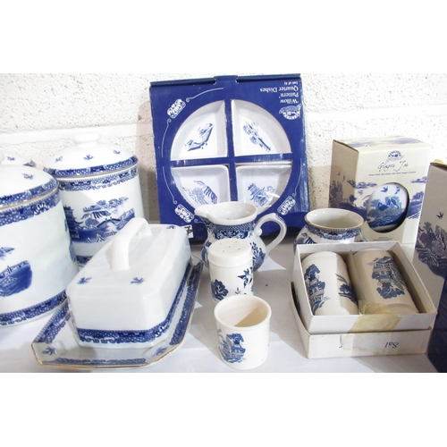 511 - Set of four Willow Pattern tea caddies, Pair of small boxed Willow Pattern Ginger Jars, toast rack, ... 