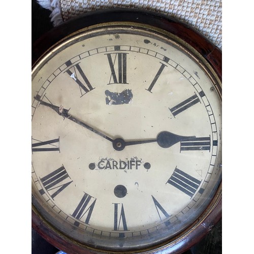 204 - C19th wall clock, with white Roman dial marked Cardiff in brass bezel, now with quartz movement , D3... 