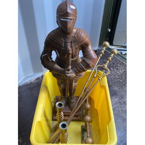 207 - Cast metal hearth tidy in the form of a suit of Armour, H60cm (A/F), pair of brass fire iron rests, ... 