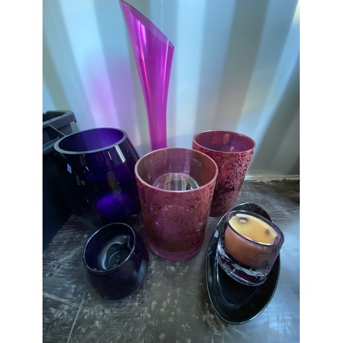 227 - John Lewis Violet barrel glass vase H28cm, pair of red glass tealight lamps, trumpet shaped amethyst... 