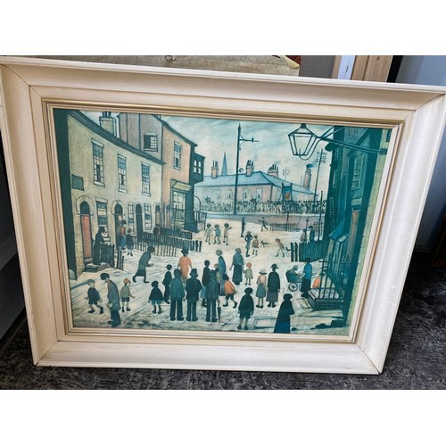 208 - After Laurence Stephen Lowry, Procession, colour print laid on canvas 44cm x 60cm and 
two monochrom... 