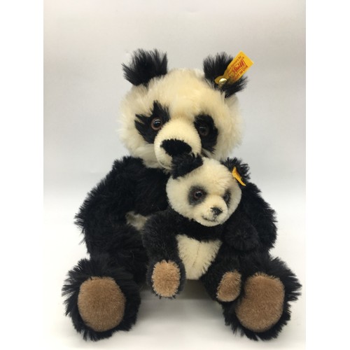 Steiff Panda with cub in black and white mohair, with tag