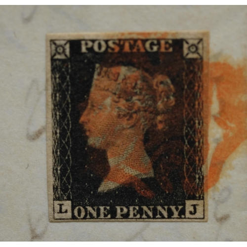 110 - Victoria 1840 1d black on cover 'L-J' plate