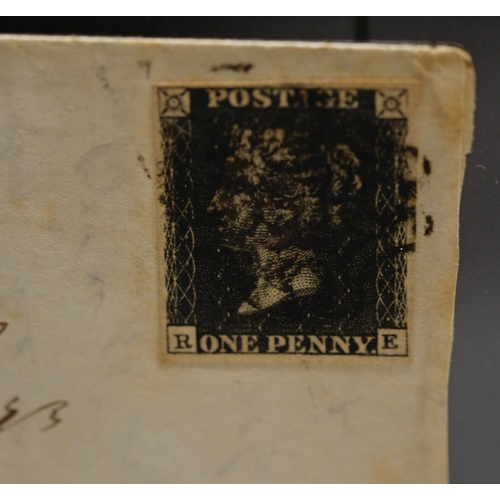 113 - Victoria 1841 1d black on cover 'R-E' plate