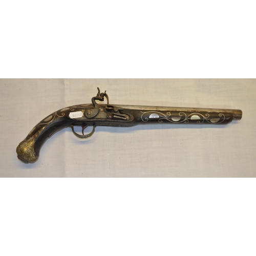 31 - Decorative Turkish style flintlock pistol, small decorative brass dagger, Indonesian style sheath da... 
