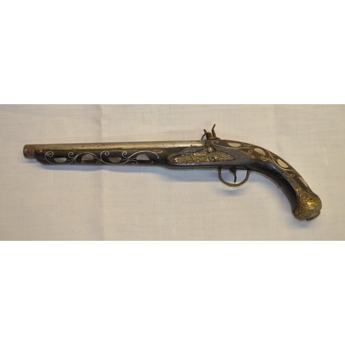 31 - Decorative Turkish style flintlock pistol, small decorative brass dagger, Indonesian style sheath da... 