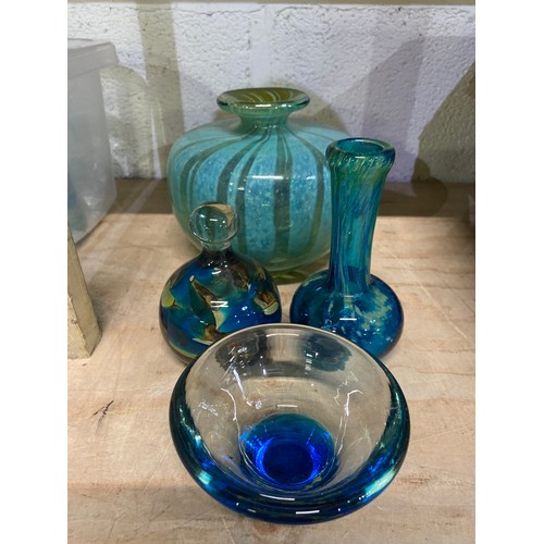 59 - Mdina green glass vase signed Mdina Glass, 1975 (unknown signature) H16cm, coloured glass bowl, a pa... 