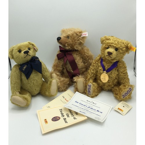 127 - Steiff The Golden Jubilee Bear in apricot mohair with purple ribbon and embroidery, ltd. ed. of 4365... 