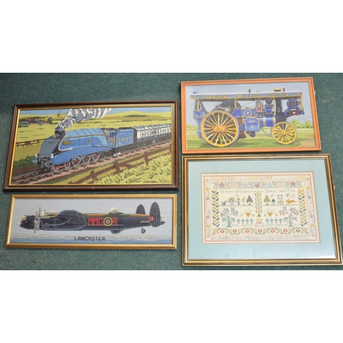 185 - Three framed tapestries, one framed cross stitch