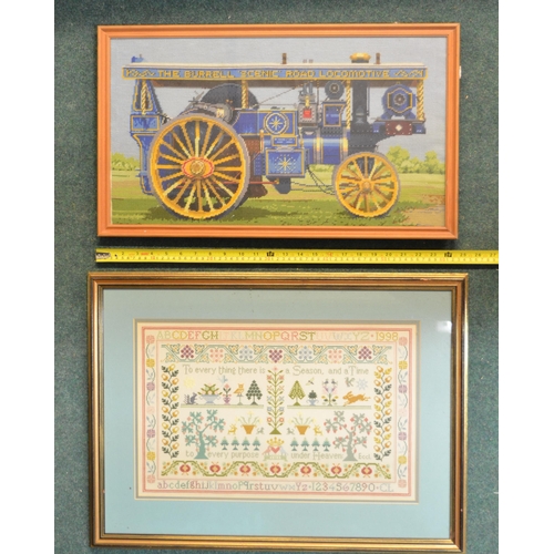 185 - Three framed tapestries, one framed cross stitch