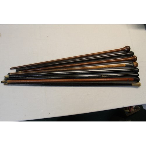 148 - Collection of eight walking sticks with various woods including ebony, malacca, rosewood etc