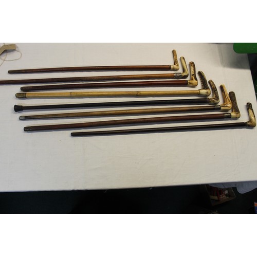 150 - Collection of eight antler handled walking sticks of various woods