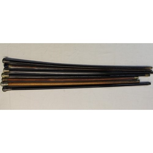 149 - Collection of seven metal topped walking canes with various woods including ebony, bamboo, etc