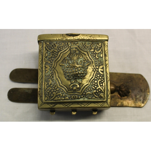 6 - C19th Turkish style brass cartridge pouch, hinged rectangular top, engraved detail, embossed scenes ... 
