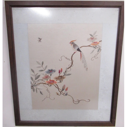 768 - Japanese School (C20th); Coloured silk work study of an exotic bird on a flowering branch, 33cm x 26... 