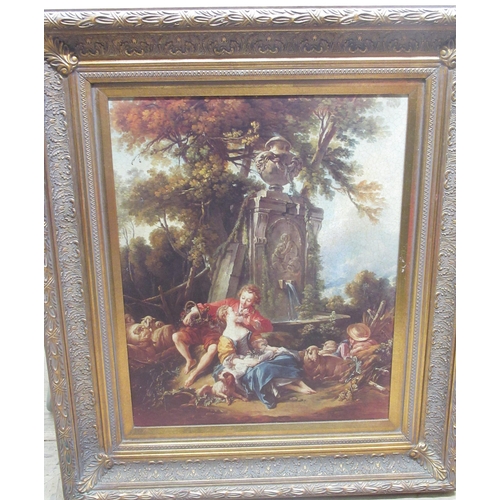 770 - Gilt framed print, study of a shepherd and his lass before a fountain, H50cm W39cm