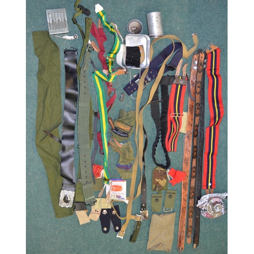 85 - Collection of military and sporting related belts, webbing, epaulettes, Bosons whistle, British Army... 