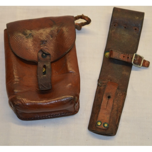 94 - Vintage brown leather ammunition pouch possibly Swedish, vintage leather bayonet frog