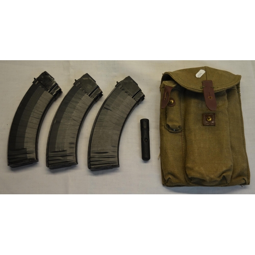 96 - Canvas brown magazine pouch containing three magazine with inert bullets, small gun cleaning set