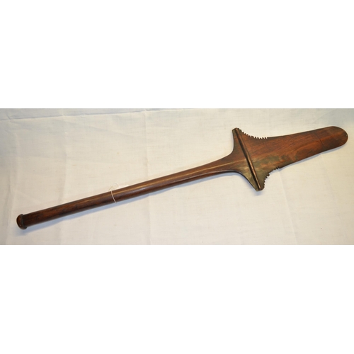 36 - Large wooden Fijian type club with spear shaped double edges head with inscription FIDGEE carved tee... 