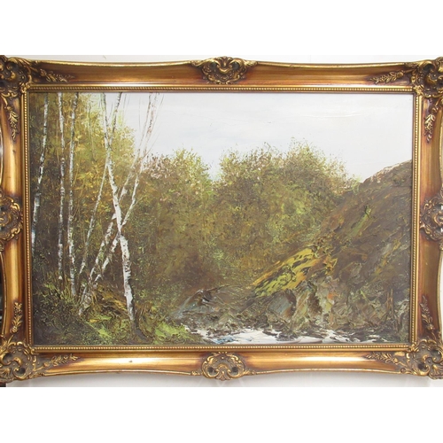 766 - British School (C20th); Extensive wooded river landscape, oil on canvas, 50cm x 75cm