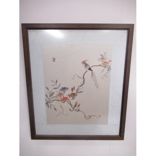 768 - Japanese School (C20th); Coloured silk work study of an exotic bird on a flowering branch, 33cm x 26... 