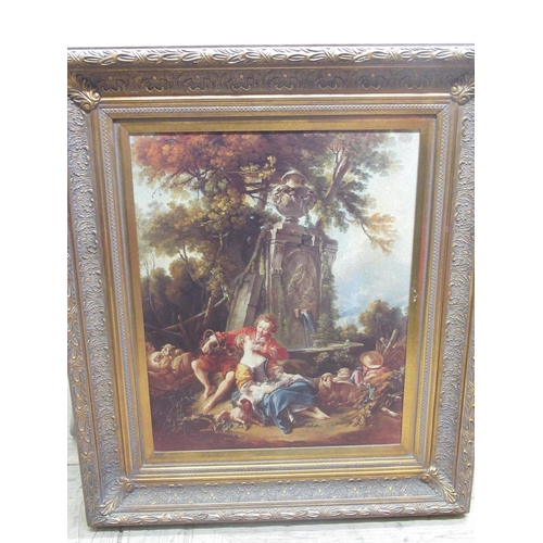 770 - Gilt framed print, study of a shepherd and his lass before a fountain, H50cm W39cm