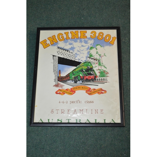 176 - Framed print of engine 3801 of Australian New South Wales state rail, W54cm H64cm