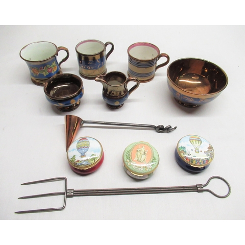 189 - Three Bilston & Battersea enamel lidded boxes, three Sunderland lustre mugs, other lustre ware, cand... 