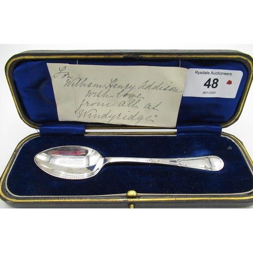 199 - WITHDRAWN - Geo.V silver Christening spoon, cased Sheffield 1915, .5ozt